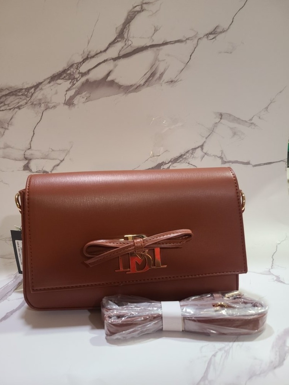 Badgley Mischka Brown Crossbody Bag with Bow and Gold Logo
